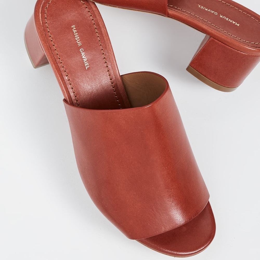 NWT Mansur Gavriel 40 mm Heeled Mules in Brandy